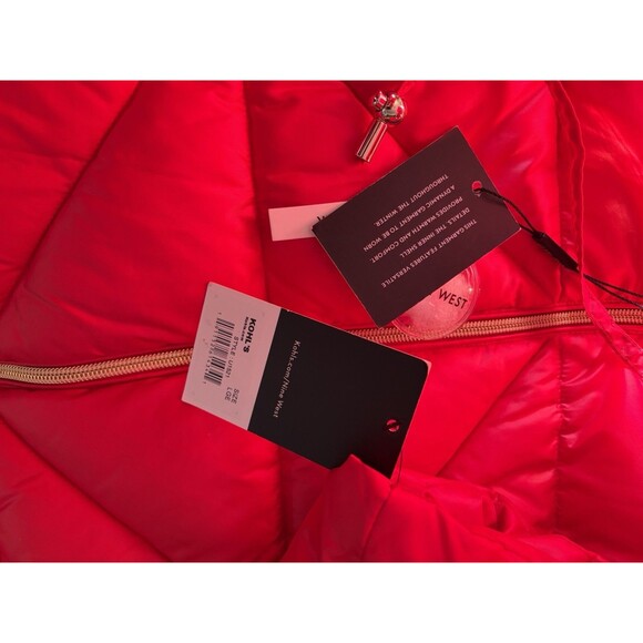 Nine West  Women L Winter Red Hooded Puffer Jacket Outerwear Gold Zippers NEW - Picture 8 of 14